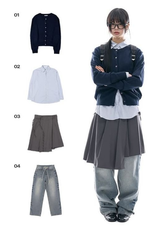 Preppy-casual: cardigan, shirt, skirt, jeans, layered style.