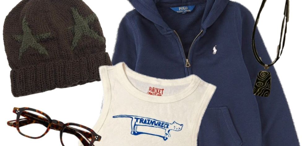 Polo Ralph Lauren hoodie, graphic tank top, beanie, glasses, and necklace laid out for a styled outfit.